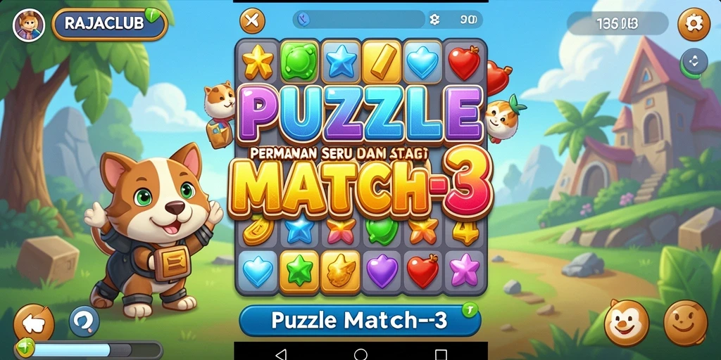 Antarmuka menarik RAJACLUB dengan gameplay Puzzle Match-3 yang seru.