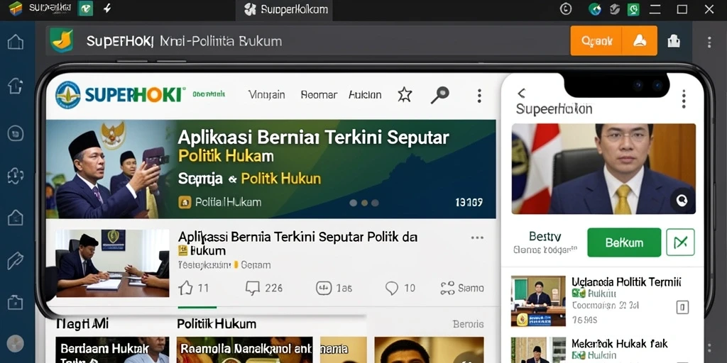 Tampilan interaktif aplikasi SUPERHOKI dengan berita politik dan hukum.