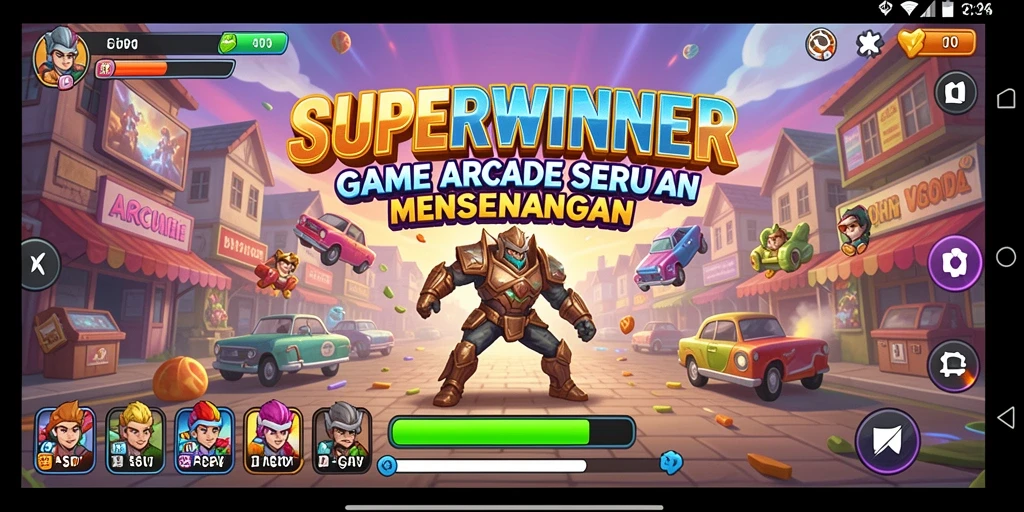Antarmuka SUPERWINNER dengan tampilan colorful dan karakter arcade.
